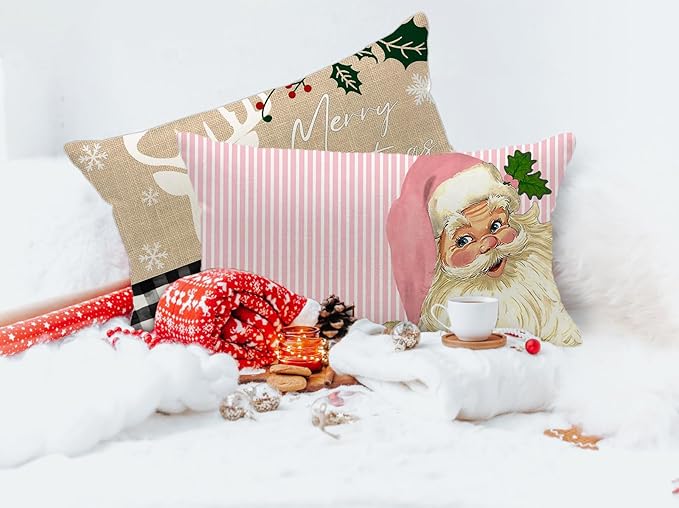 Pink Nostalgic Adorable Santa Pillow Covers Christmas Stripes Pink Throw Pillow Cover, 12 x 20 Inch Christmas Cushion Case Decoration for Sofa Couch