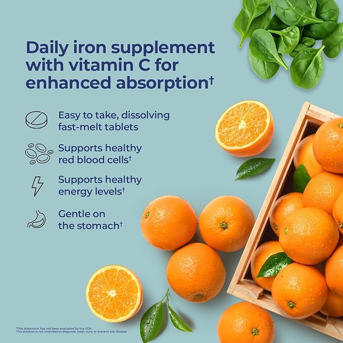 Nature's Lab Iron Plus Vitamin C Fast Melt Tablets - Gentle on The Stomach Carbonyl Iron, High Absorption for Healthy Red Blood Cells* - 120 Tablets