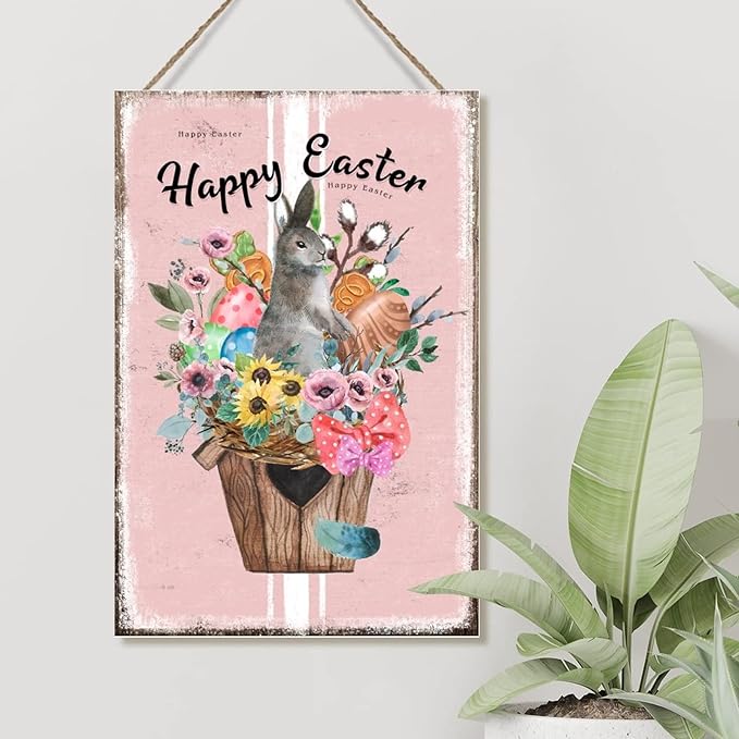 Wood Sign Plaque French Style Floral Pink Stripes Sign Happy Easter Flower Basket Bunny Wood Signs Farmhouse Easter Decor Happy Spring Hanging Sign for Living Room 8x12in