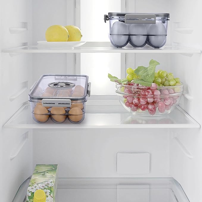 BTSKY Premium Plastic Egg Holder for Fridge - 18 Count Egg Container for Refrigerator, Egg Organizer, Plastic Egg Storage Box with Time Reminer and Lid- Reusable Egg Carton Tray Stackable