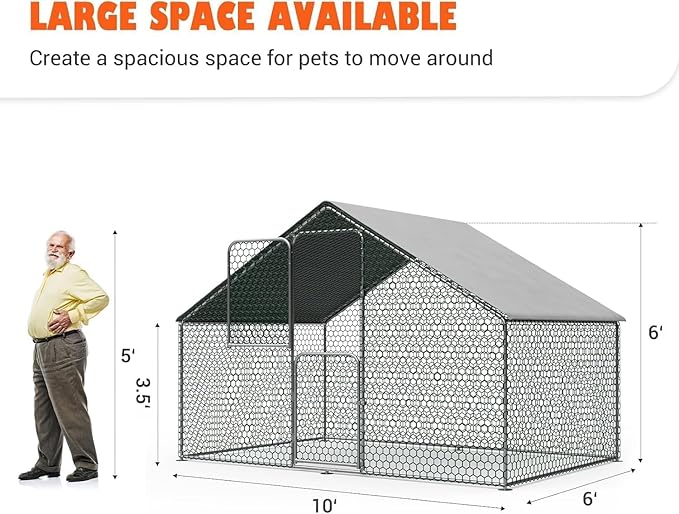 UDPATIO Walk-in Chicken Coop - Spacious Outdoor Chicken Pen Metal Pen for 10 Chickens, Double Feed Doors, UV-Resistant Cover & Galvanized Steel Frame