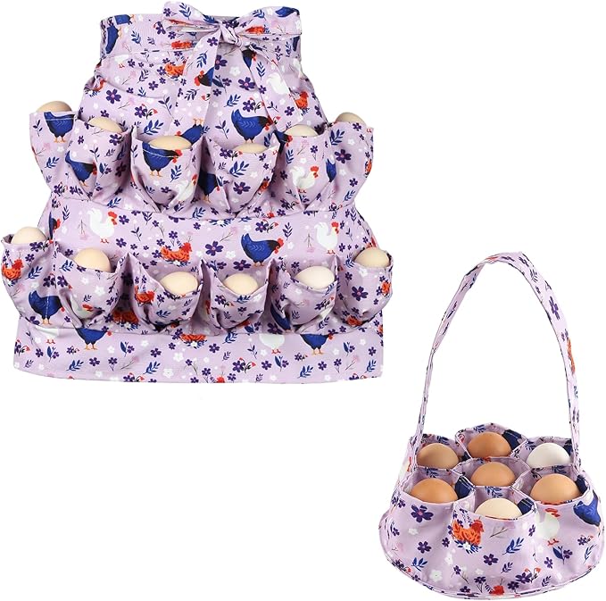Egg Collecting Apron and Basket Set (2 Pack), Chicken Egg Collector with 12 Deep Pockets and 7 Pockets Basket for Hands-Free Harvesting, Farm Fresh Eggs, Backyard Chickens, Durable Poultry Accessories