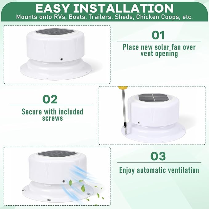 VIHOSE Rv Solar Ventilation Fan White ABS Solar Powered Ceiling Vent Exhaust Fan for RV, Camper, Marine, Shed, Trailer, Chicken Coop, Dog House, with Mounting Screws, Easy Install