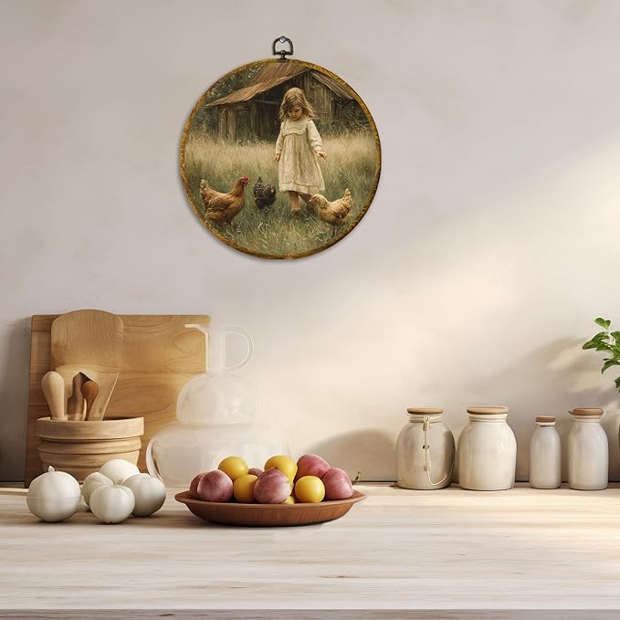 CUANFDDSF Vintage Rustic Farmhouse Round Wall Art, Cottagecore Farm Little Girl Chicken Framed Hanging Wall Decor, Country Canvas Prints Decorations for Home Bedroom Living Room, 10x10 Inch