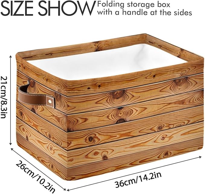 Rustic Wood Grain Storage Bins Collapsible Storage Basket with Metal Frame, Fabric Shelves Bins Closet Baskets with Handles, 2-Pack