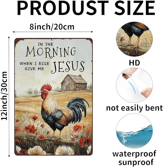 Funny Chicken Coop Sign Chicken In The Morning When I Rise Give Me Jesus Metal Tin Sign Wall Decor for Farmhouse Home Kitchen Bar Yard Porch 12×8 Inch