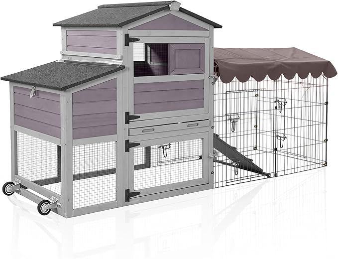 Aivituvin Chicken Coop with Wheels Mobile Hen House Poultry Cage for 2-4 Chickens with Metal Run and Nesting Box 79" L
