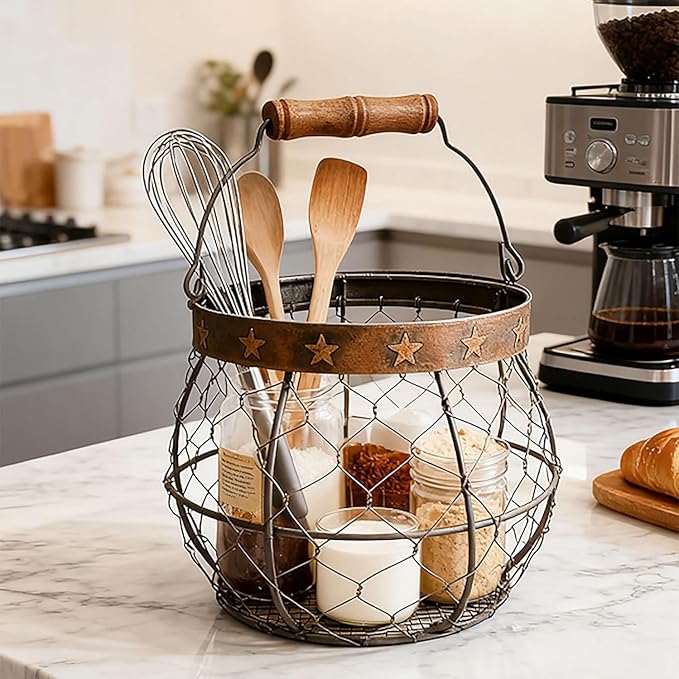 Chicken Wire Egg Basket for Gathering Fresh Eggs, Rustic Farmhouse Egg Collecting Basket with Handle Star Décor for Kitchen Storage Holder Organizer Easter Display Decoration | by TAIANLE