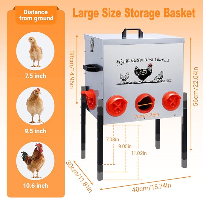 50LB Automatic Chicken Feeder–8 Feeding Ports No-Waste Galvanized Metal Chicken Feeder Box with Adjustable Legs & Locking Lid Poultry Feeder for Chickens,Geese,Ducks,Rust-Resistant