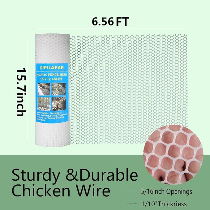 White Plastic Wire Mesh Fence 15.7IN x 6.56FT - Commercial Grade Hexagonal Netting, Heavy Duty Snake & Rodent Barrier for Farms, Poultry Yards, Dog Runs | Durable Outdoor Security Fencing