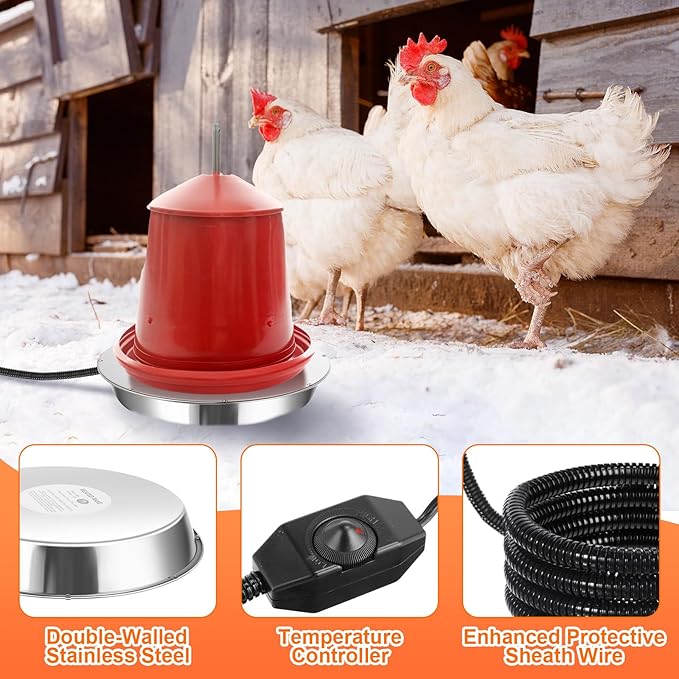 2 Pcs Chicken Coop Heater Set, Adjustable Chicken Heater 90w to 175w and Stainless Steel Water Heated Base Poultry Radiant Heater Chicken House Heating Accessories for Chick Pet Dog Cat