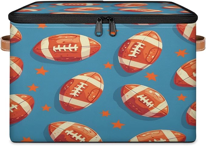 Storage Cubes with Lid Fabric Storage Bins Boxes PU Leather Handles, American Football Closet Organizer Container Foldable Washable Shelf Cloth Basket, Rugby Balls Sport