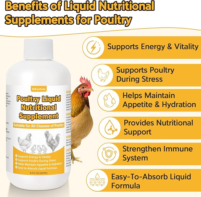 Liquid Poultry Supplement for Chickens, 8.5 fl oz – Energy & Vitamin Support for Weak or Stressed Birds, Ideal for Heat Stress, Appetite & Recovery, Mix in Water or Direct Oral Use, Dropper Included