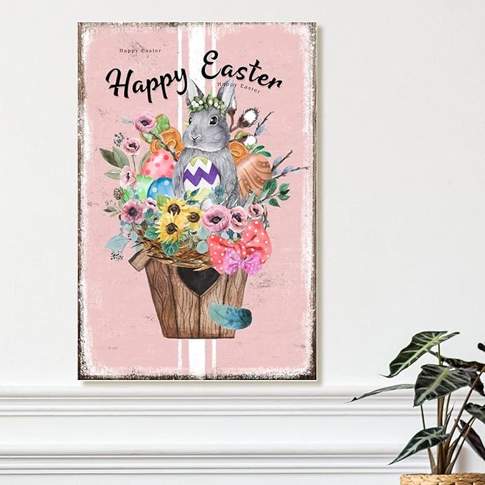 Happy Easter Flower Basket Bunny Wood Decorations Signs French Style Floral Pink Stripes Wood Wall Sign Happy Easter Eggs Bunny Wall Art Sign for Living Room Front Porch 12x18in
