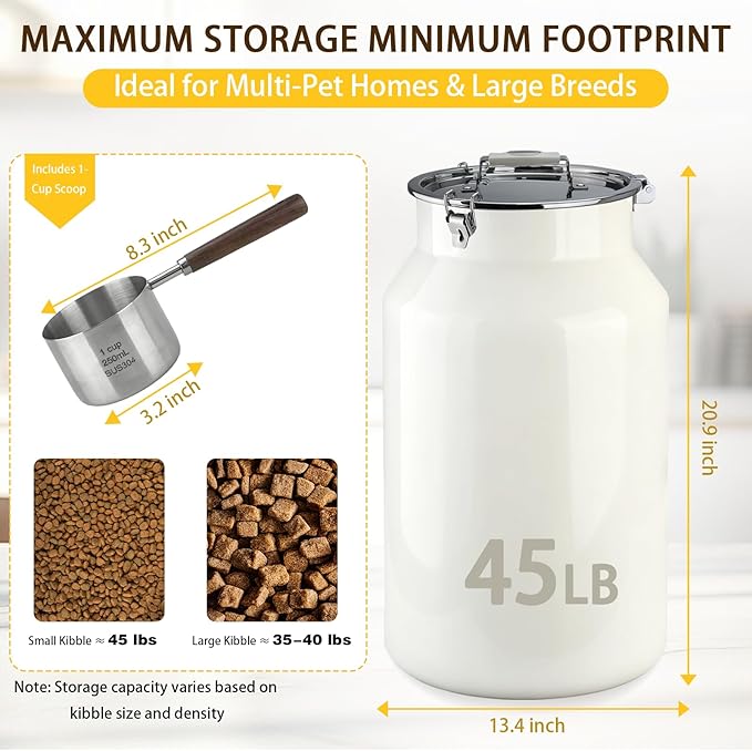 Dog-Cat Food Storage Container 45 lb/48 Qt, Large Stainless Steel Pet Food Bin with Airtight Lid & Scoop Included, Durable 304 Metal Storage for Dogs & Cats