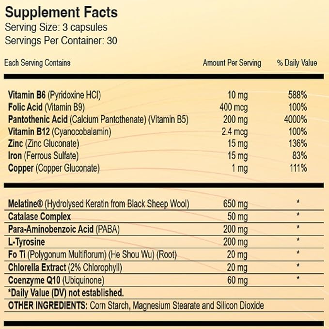 REGENSIFY Hair Melanin Booster Nutrition [Anti Grey Hair Supplement for Men & Women | Melatine®, Catalase, PABA, L-Tyrosine, He Shou Wu, Chlorella Extract, CoQ10, Folic Acid, Pantothenic Acid]