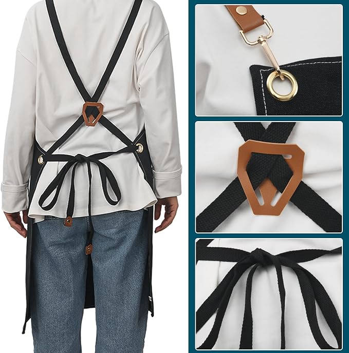 Adjustable Kitchen Apron Set With Pockets, Heavy Duty Cooking Apron for Men and Women, Black/Grey