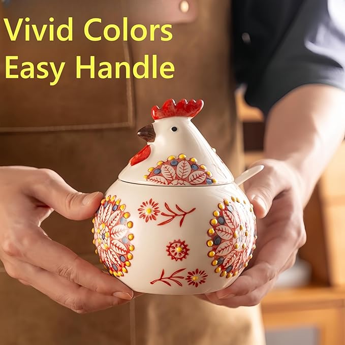 Ceramic Salt Cellar with Lid and Spoon, 13 OZ Large Chicken Salt Jar, Salt Holder for Counter, Coffee, Sugar, Spices and Candies, Salt Containers for Countertop (Red)