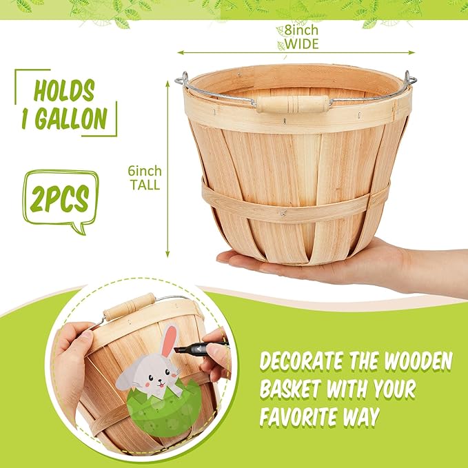Tatuo 2 Pcs Round Wooden Apple Baskets Wood Fruit Buckets with Handle Fall Harvest Basket Portable Bushel for Market Vegetables Garden Home Party Supplies Easter Gifts (Wood Color)