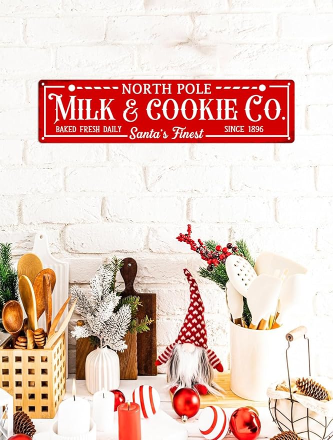 North Pole Milk and Cookie Co Metal Tin Sign Vintage Funny Christmas Sign for Cafe Home Bar Farmhouse Christmas Art Wall Decoration Retro Poster 4x16 Inch