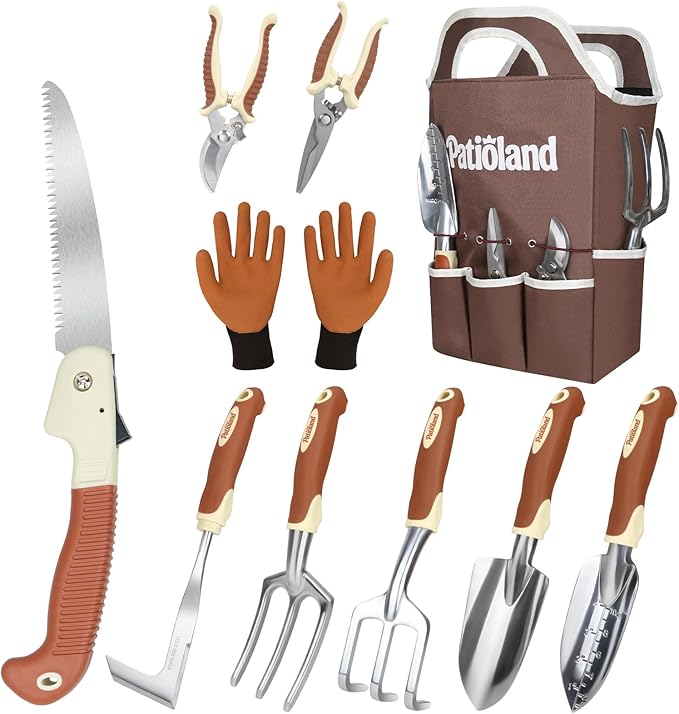 10-Piece Garden Tool Set, Brown Gardening Hand Tools with Non-Slip Handles, Heavy Duty Rust-Proof Aluminum Tools, Organizer Tote Bag & Gardening Gloves, Ideal Gardening Gifts for Women and Men