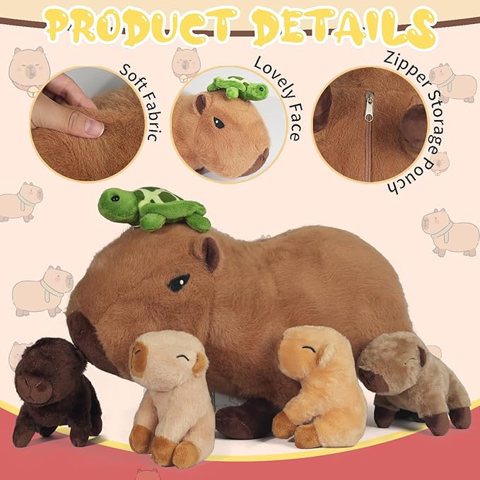 5 in 1 Capybara Plush Large Capybara Stuffed Animal with Babies, 14.2" Mommy Stuffed Capybara Plushies Pillow with 4 Baby Capibaras Peluches Capybara Toys for Kids Birthday Easter Stuffers Gifts