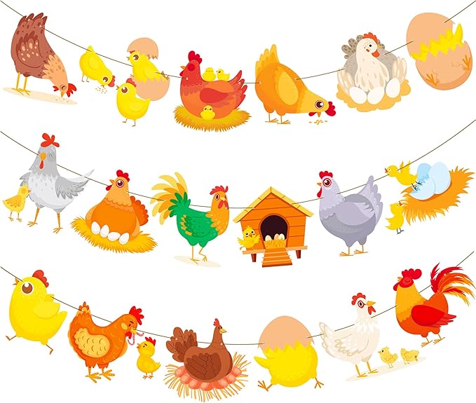 Chicken Party Banners Chicken Birthday Decorations 2PCS Farm Chicken Theme Party Supplies Chick Hen Cutout Banners for Farm Rooster Animals Baby Shower Supplies