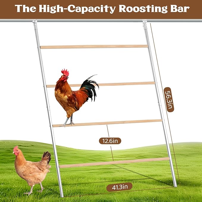 Large Chicken Roosting Bars, 55 Inch Chicken Perch for Coop with Metal Frame, Sturdy Roosting Ladder for Hens, Chicken Coop Accessories and Toys for Backyard Poultry, Easy to Clean