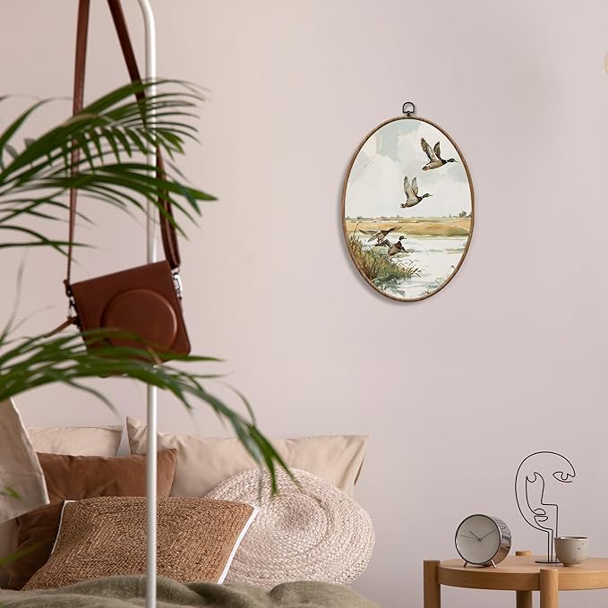 Yorhifa Vintage Mallard Duck Framed Wall Art, Cottagecore Country Duck Landscape Oval Wall Art, Rustic Cabin Farm Animal Oval Walls Decor, Farmhouse Marshland Canvas Artwork Hanging Decor, 8.5x11.5in