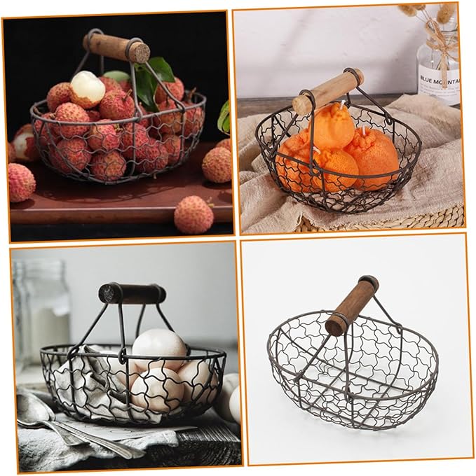 2pcs Vintage Iron Wire Storage Basket with Wooden Handle, Small Multi-function Farmhouse Style Egg and Fruit Basket for Kitchen Countertop Organization