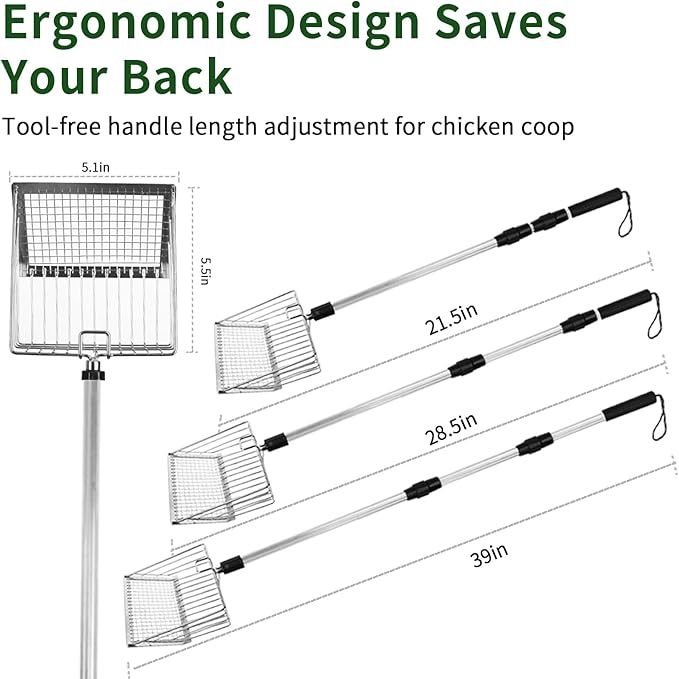 5 Inch Small Chicken Poop Scooper, Chicken Coop Litter Scoop with Adjustable Stainless Steel Handle, Multifunctional Chicken Manure Scoop with Hanging Hole for Chicken Coop and Pet Waste Cleaning
