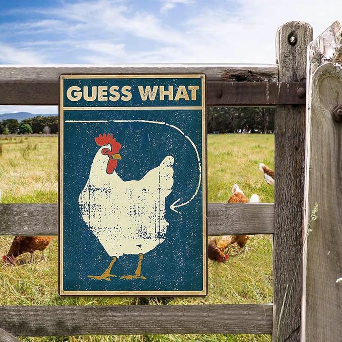 Funny Chicken Decor - "Guess What" Metal Sign for Chicken Coop and Kitchen Decor, 12" * 8" (260)