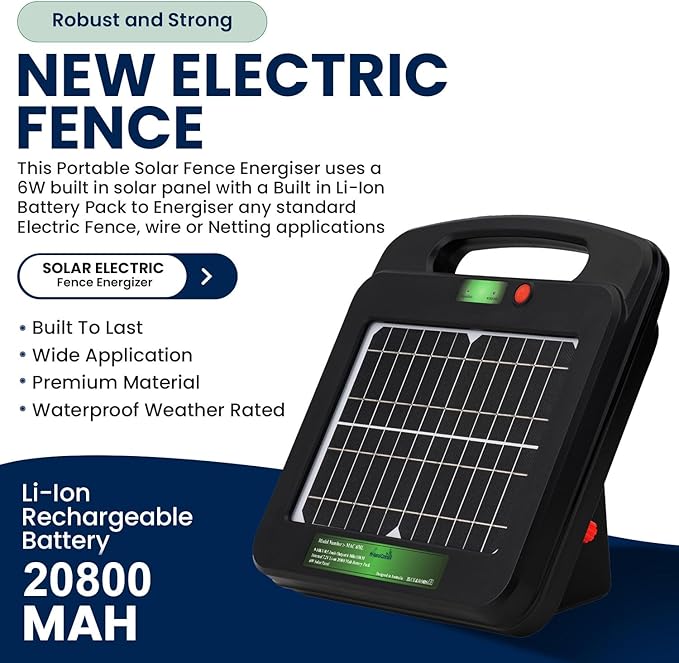 Solar Powered Electric Fence Charger 0.5 Joules Output (9-10KV) with Lithium Battery Energizer Containment & Protection of Livestock Horses Cattle Sheep Pets Easy Install