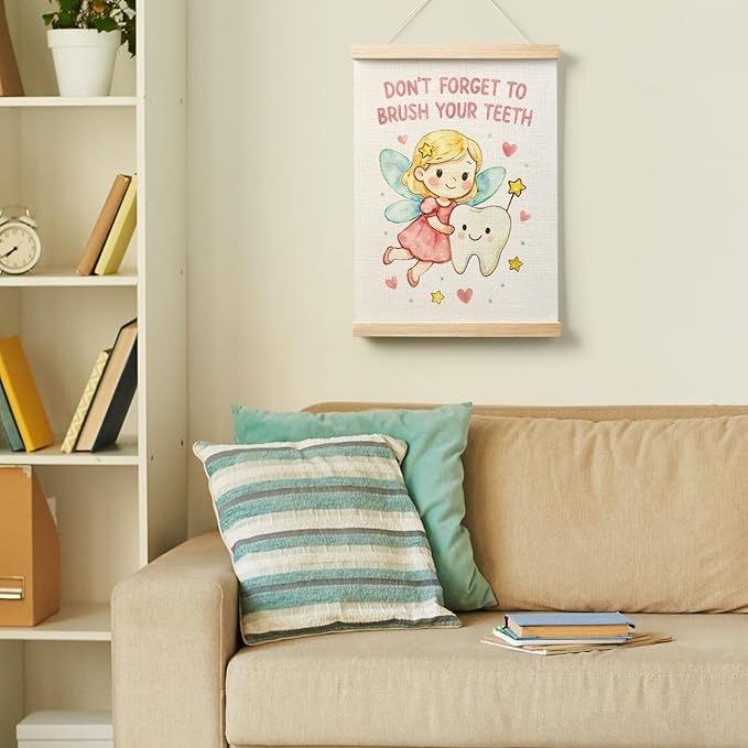 AQYIP Cute Tooth Fairy Kids Bathroom Wall Art Decor, Girls Bathroom Decor, Don't Forget to Brush Your Teeth Poster Canvas Prints for Children's Bedroom Dental Office Wall Decoration, 12x16 Inch