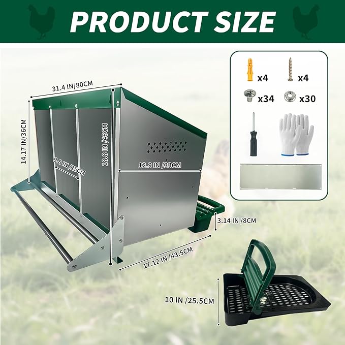 Nesting Boxes for Chickens 3 Holes Chicken Nesting Box Reversible Roll Out for Hens Heavy Duty Metal Chicken Laying Boxes with Egg Collecting on The Back and No Hang Roll Away Nesting Box Design