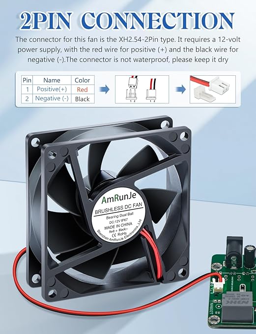 IP67 80mm x 25mm 2pin DC Cooling Fan Dual Ball Bearing for Electronics, AV Cabinet, RV Fridge, Amplifier, Chicken coop, 2pcs
