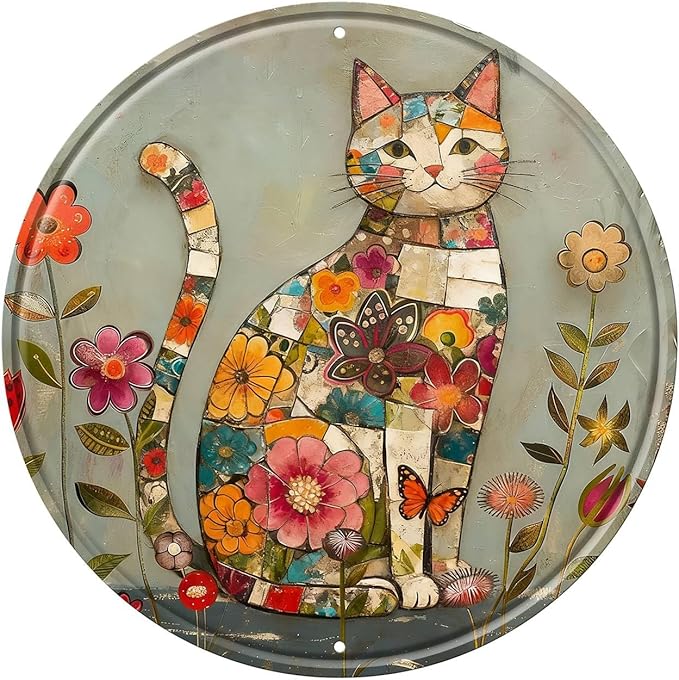 Cat Round Metal Tin Sign Wreath Farm Flowers Rustic Vintage Wall Art Decor for Garden Indoor Outdoor Home Porch Window Decor 8x8inch
