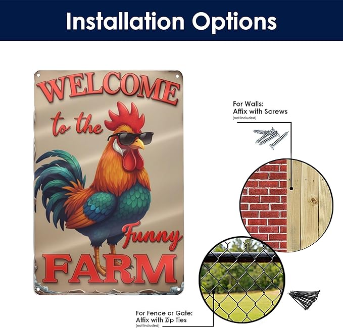 Welcome to The Funny Farm Aluminum Sign Humorous Chicken Coop Sign Rustic Farmhouse Welcome Sign for Backyard Flock 8x12 Inches Outdoor Metal Decor Style-04
