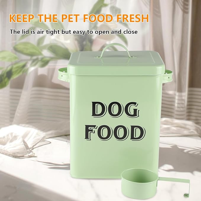 Dog Food Storage Container Farmhouse Pet Food Storage Containers with Lid and Scoop, Perfect Vintage Canister Treats Tin for Kitchen Countertop, Shelf, Great Gift for Pet Owners - Dog Food - Green