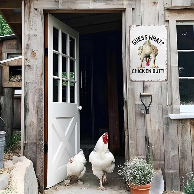 Funny Chicken Coop Metal Sign-"Guess What? Chicken Butt”Posters Wall Art- for Farmhouse Kitchen Home Decor 8x12inch