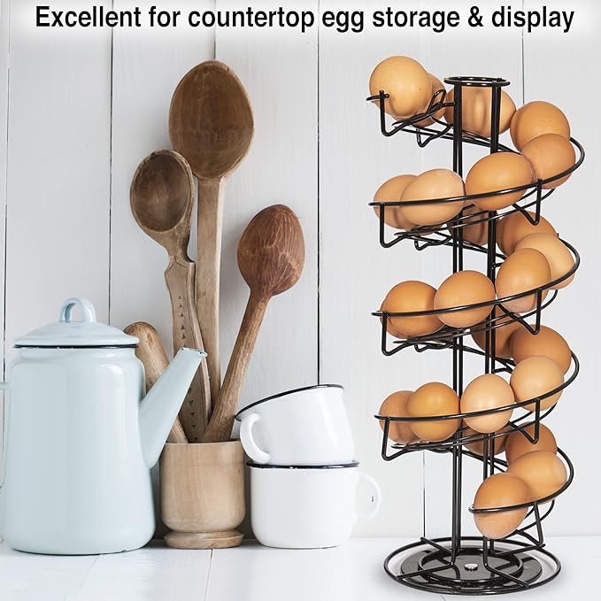 Rotating Spiral Egg Dispensing Rack, Skelter, Countertop storage & display. INCLUDES Matching Egg Collecting Basket
