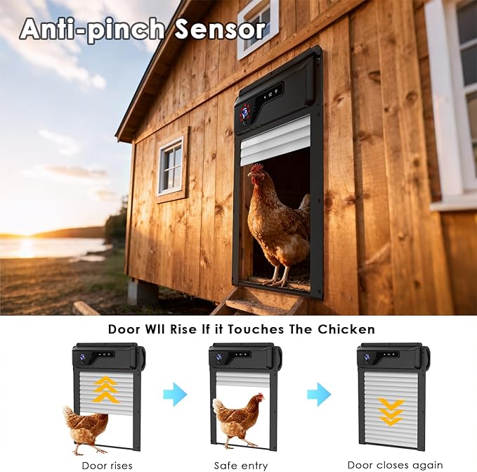 Automatic Chicken Coop Door with HD Camera and APP,Solar Chicken coop Door with Alarm Driver,Night Vision,Remote Controller,Timer,Intercom,Anti-Pinch,5000 mAh Rechargeable Battery