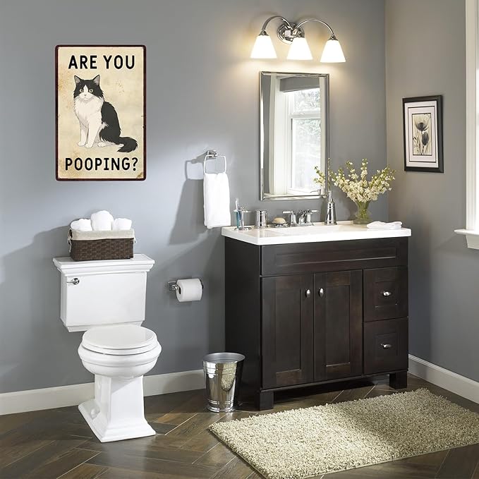 Bathroom Wall Decor, Cat Gifts for Cat Lovers, Are You Pooping Sign, Funny Metal Cat Signs for Bathroom Restroom Toilet Powder Room, Cat Wall Art Decor 8 X12 Inch