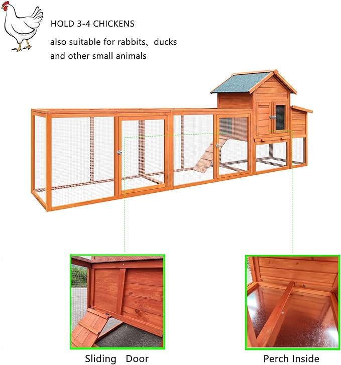 122" Wood Chicken Coop with Nesting Box,Outdoor Chicken Run W/Run&Perch,Wooden Large Hen House W/Ramp&Sliding Trays,Waterproof Poultry Cage W/Sloped Asphalt Roof,for Backyard Farm Use,Natural