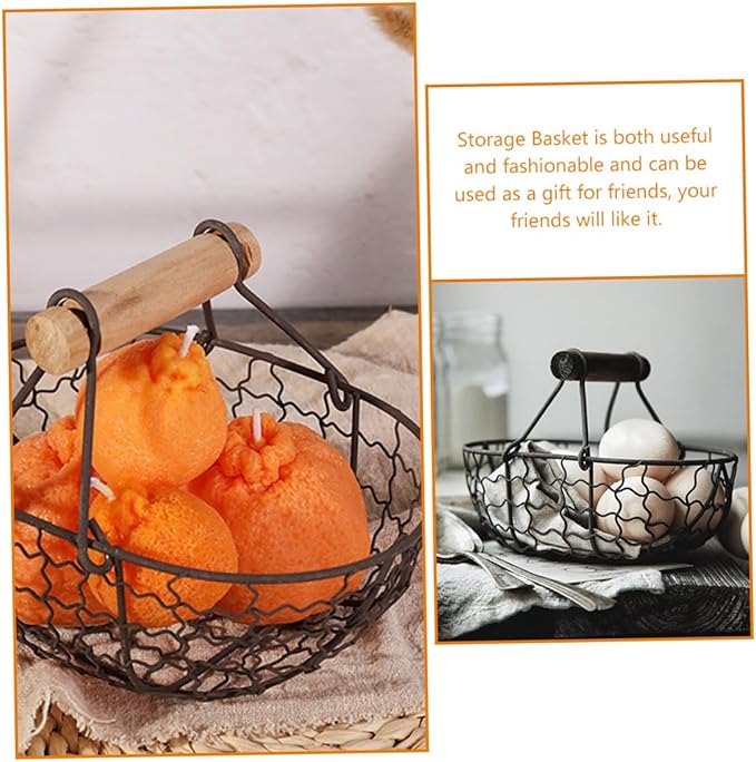 2pcs Farmhouse Style Wire Egg Basket with Wooden Handle, Small Metal Mesh Storage Basket for Kitchen Fruit, Bread, and Egg Organization in Gray Black