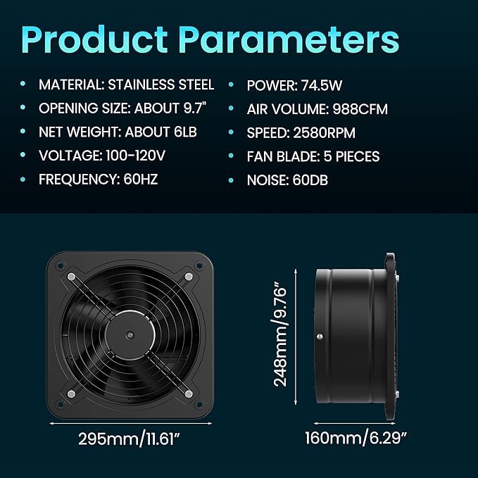 HG Power 10 Inch Exhaust Fan with Speed Controller, 988 CFM Kitchen Exhaust Fan with Damper, Metal Extractor Fan for Window, Attic, Ceiling, Basement Ventilation