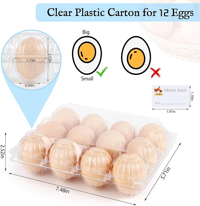 80 Packs Egg Cartons, Egg Cartons Cheap Bulk, Eggs 12 Count Clear Plastic Egg Containers for Chicken Farm, Reusable Egg Tray Holder for Refrigerator Storage, Family Market Camping with Sticker Labels
