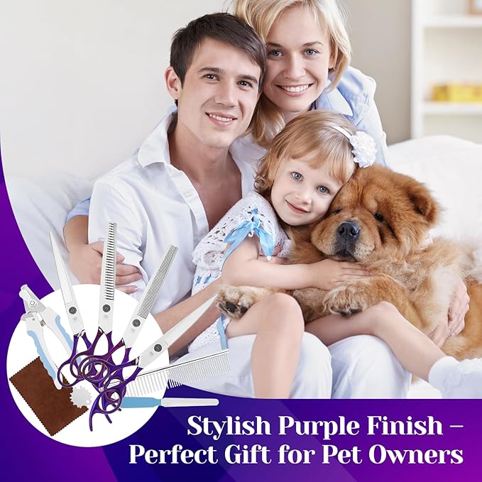 Dog Grooming Scissors Set – 6 in 1 Pet Grooming Kit with Curved, Thinning, Chunker & Straight Shears + Comb – 440C Stainless Steel Sharp Blades, Ergonomic & Quiet Design (Purple)