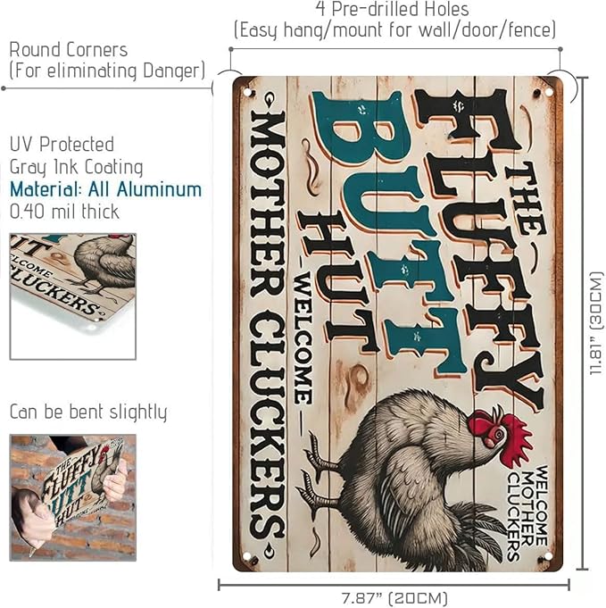 Chicken Coop Accessories Metal Signs -Chicken Coop Fluffy Butt Hut Chicken Tin Signs 8x12 Inch