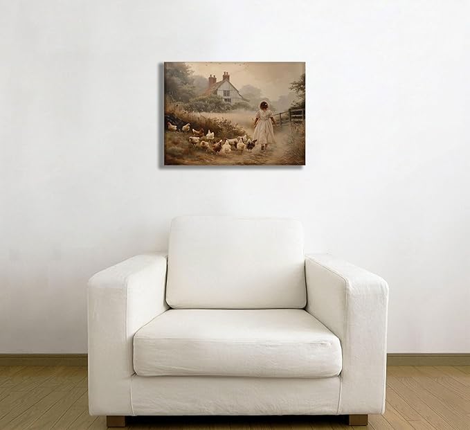Girl Farmhouse Wall Art Chicken Farm Canvas Rustic Country Poster Brown Chickens Picture Vintage Countryside Female Print Artwork Painting Farm House Wall Decor For Bedroom Living Room Framed